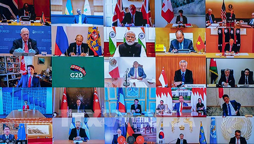 Toàn cảnh hội nghị trực tuyến G20 về dịch bệnh viêm đường hô hấp cấp COVID-19. Ảnh: AFP/TTXVN
